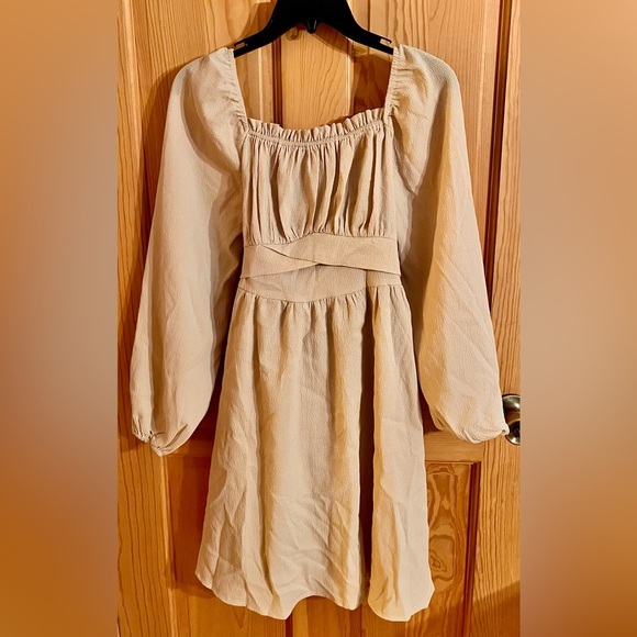 SHEIN Cream Boho Cottagecore Tie Back Dress Long Sleeve Romantic Flowy Skirt XS - Picture 3 of 10